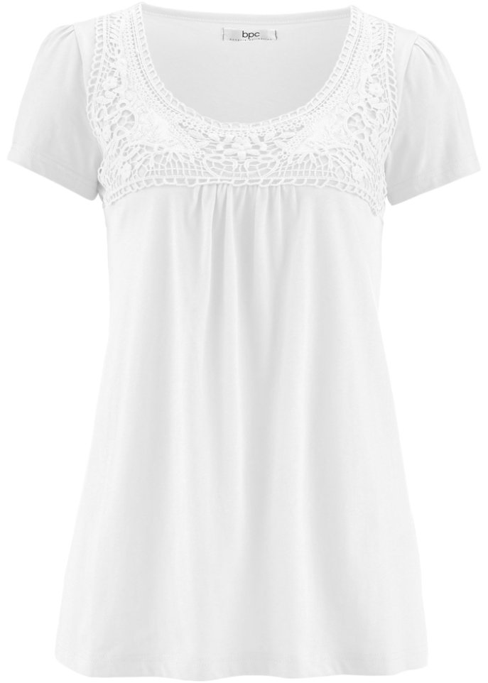 Baumwoll Shirt mit Spitze, Kurzarm in weiß - bpc bonprix collection
