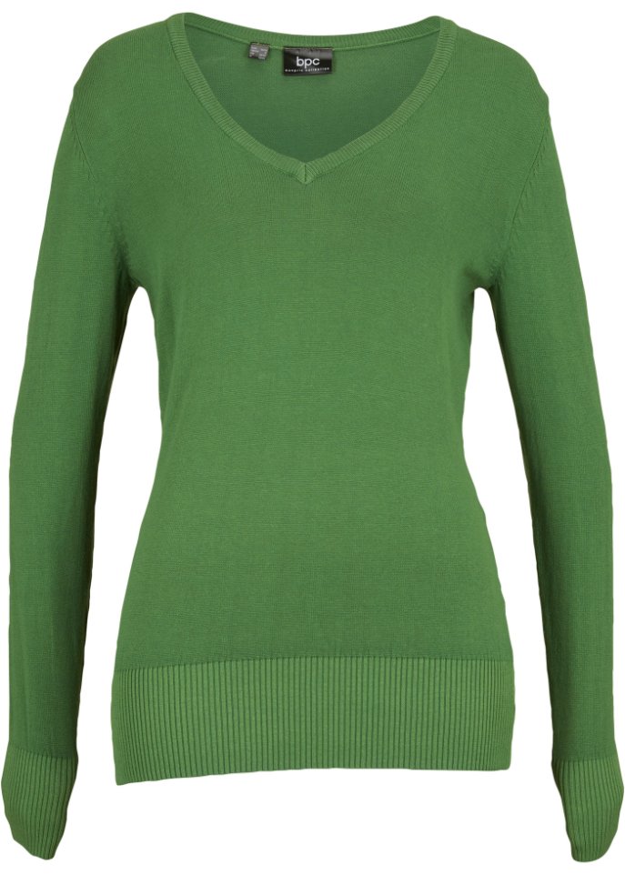 Feinstrick-Pullover mit V-Ausschnitt in grün von vorne - bpc bonprix collection