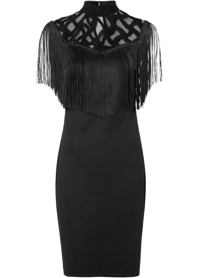 Kleid mit Fransen in schwarz von vorne - BODYFLIRT boutique