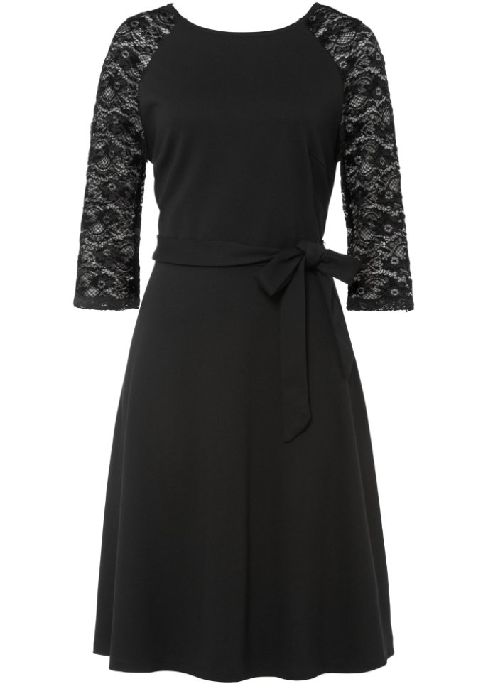 Jerseykleid mit Spitzenärmeln in schwarz von vorne - BODYFLIRT