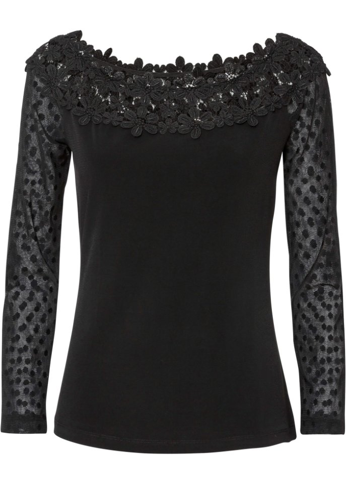 Langarmshirt mit Spitze in schwarz von vorne - BODYFLIRT boutique