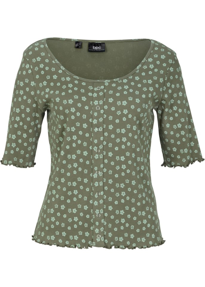 Ripp-Shirt mit Blumendruck, Halbarm in grün von vorne - bpc bonprix collection