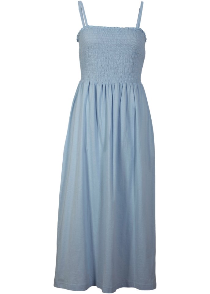 Jersey-Kleid mit Smock, wadenbedeckt in blau von vorne - bpc bonprix collection