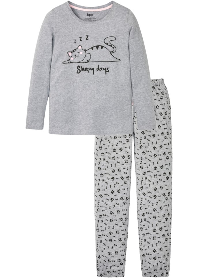 Pyjama mit Schlafmaske mit Bio-Baumwolle in grau von vorne - bpc bonprix collection