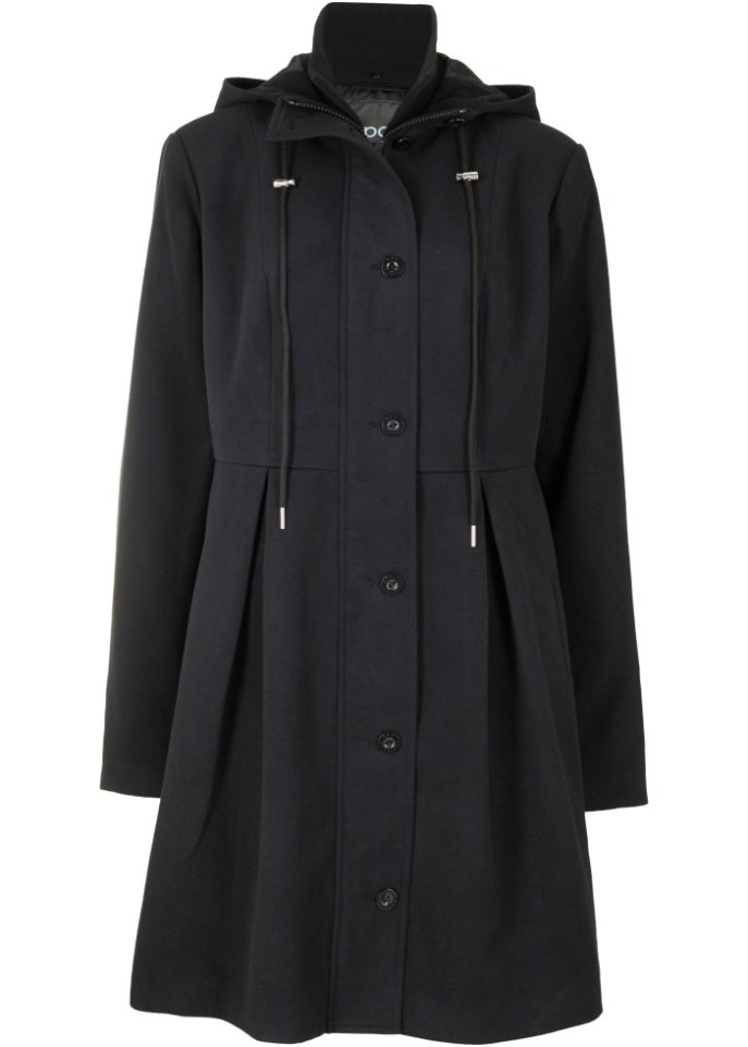 Mantel mit Kapuze und Bundfalten, A-Linie in schwarz von vorne - bpc bonprix collection