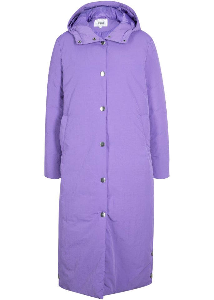 Langer warmer Mantel mit Kapuze und Seitenschlitz in lila von vorne - bpc bonprix collection