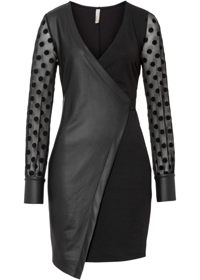Kleid aus Lederimitat und Spitzenärmeln in schwarz von vorne - BODYFLIRT boutique