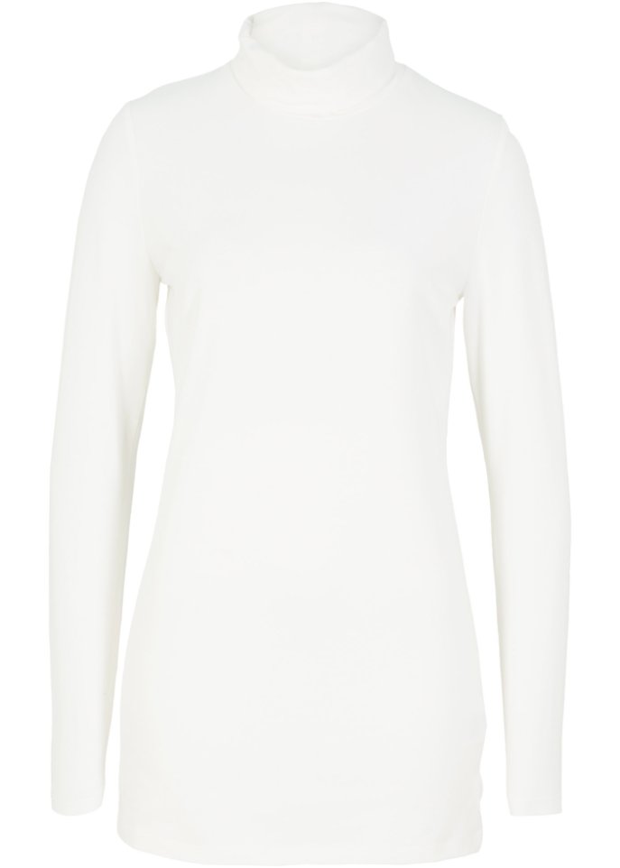 Baumwoll-Stretch-Longshirt mit Rollkragen und Seitenschlitz, Soft-Touch in weiß von vorne - bpc bonprix collection