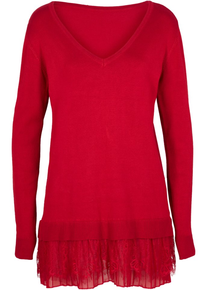 Pullover mit Spitze und Plissee in rot von vorne - bpc selection