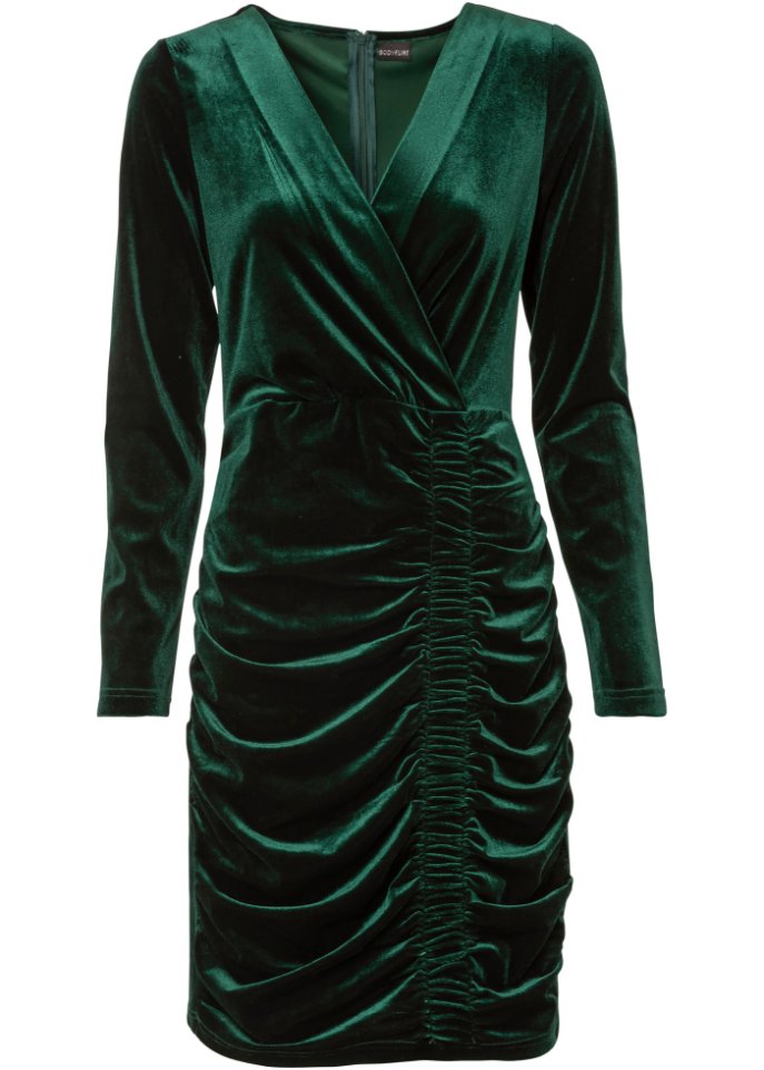 Samt-Kleid mit Raffung in grün von vorne - BODYFLIRT