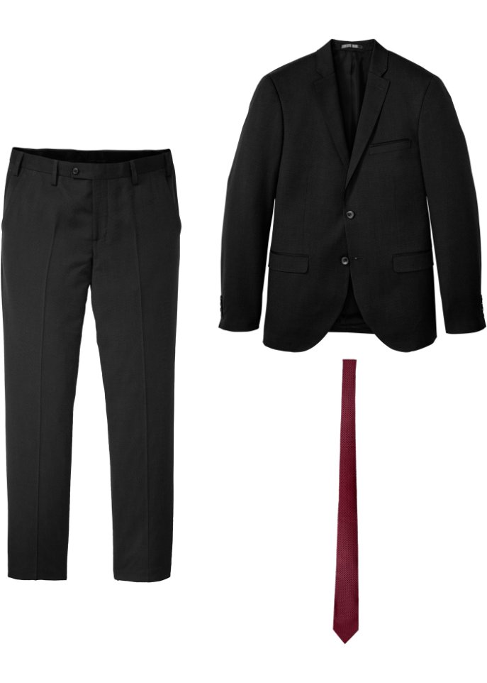 Anzug (3-tlg.Set): Sakko, Hose, Krawatte, Slim Fit in schwarz von vorne - bpc selection