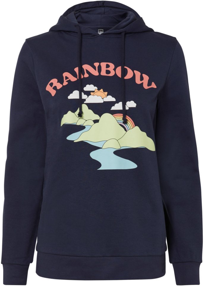 Kapuzen-Sweatshirt bedruckt aus Bio-Baumwolle in blau von vorne - RAINBOW