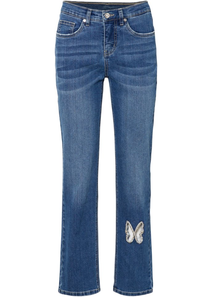 Jeans mit Strass-Applikation in blau von vorne - BODYFLIRT