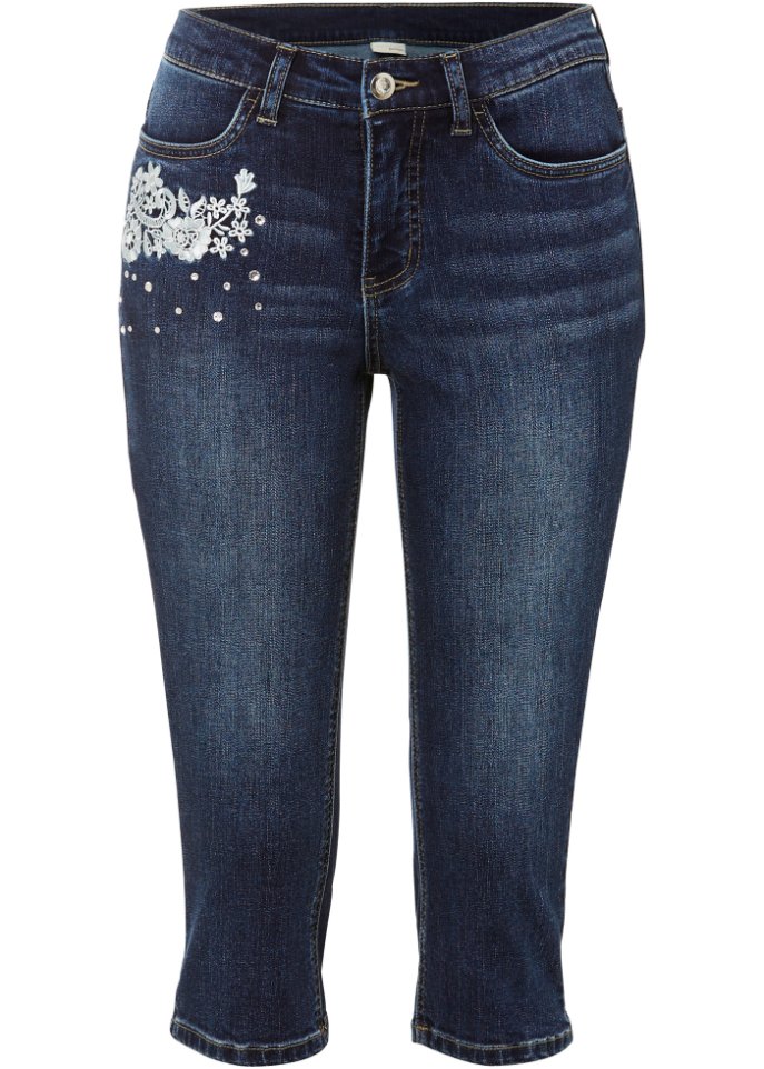 Capri-Jeans, Stickerei in blau von vorne - BODYFLIRT boutique