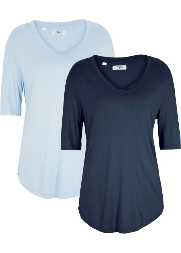 Viskose T-Shirt, 2er-Pack in blau von vorne - bpc bonprix collection