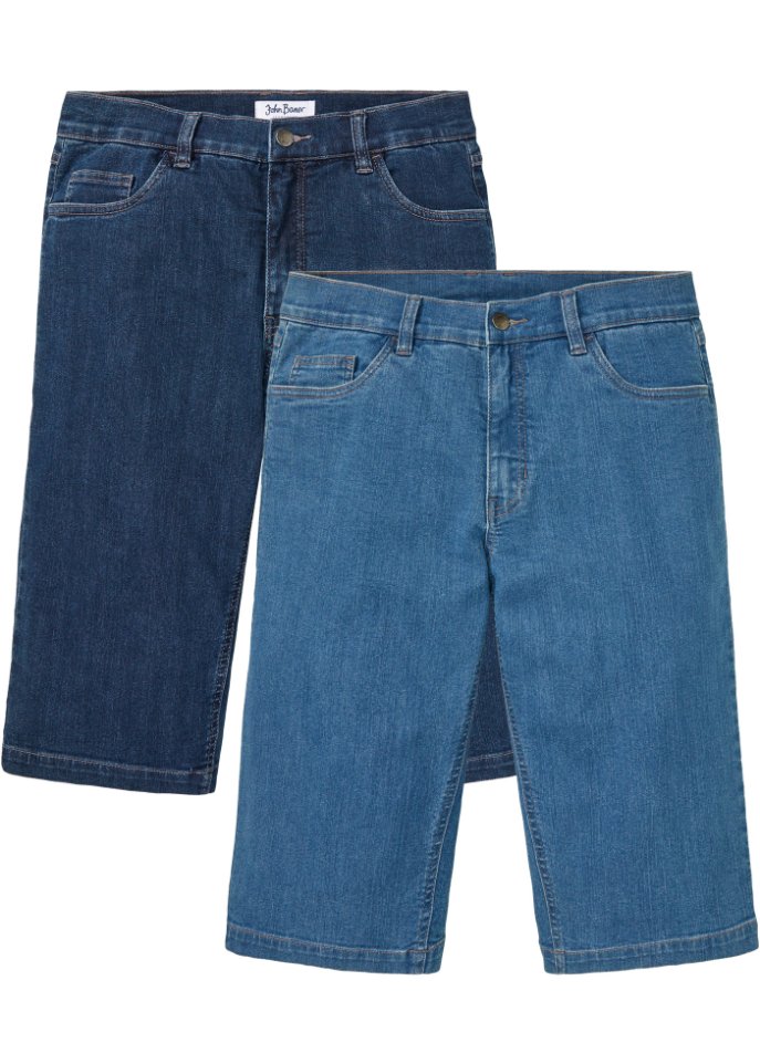 Long-Stretch-Jeans-Bermuda, Regular Fit (2er Pack) in blau von vorne - John Baner JEANSWEAR