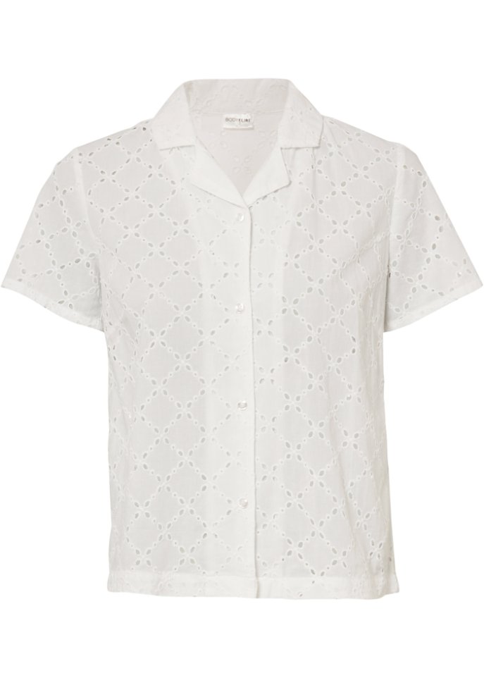 Modische Lochstickerei-Bluse in weiß von vorne - BODYFLIRT