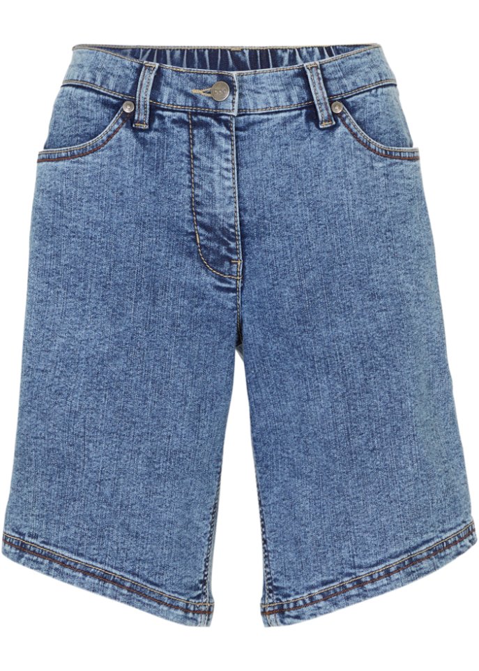 Jeans-Shorts mit abgeschrägtem Saum und Bequembund in blau von vorne - bpc bonprix collection