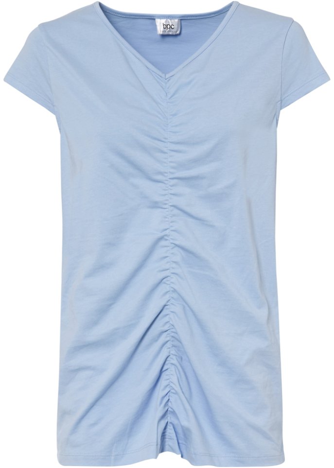Baumwoll-Shirt mit Raffung und V-Ausschnitt in blau von vorne - bpc bonprix collection