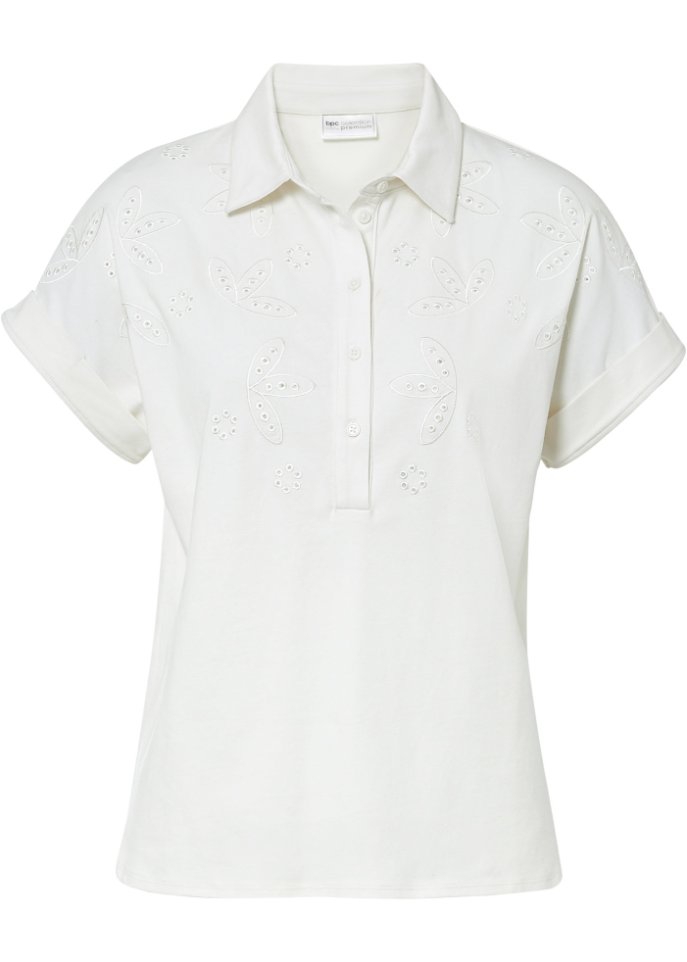 Polo-Shirt mit Lochstickerei in weiß von vorne - bpc selection premium