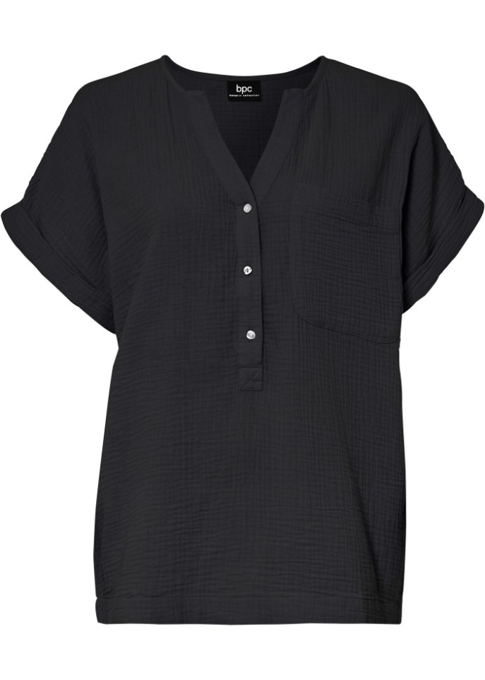 Musselin-Bluse mit Knopfleiste und Tasche in schwarz von vorne - bpc bonprix collection