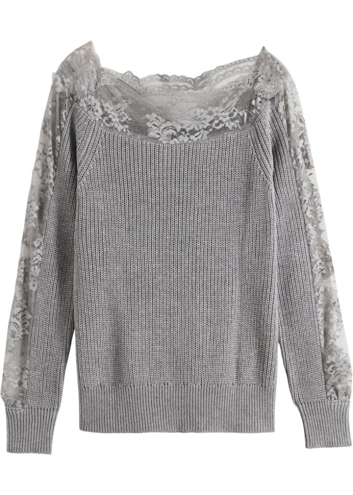 Pullover mit Spitze  in grau von vorne - BODYFLIRT boutique