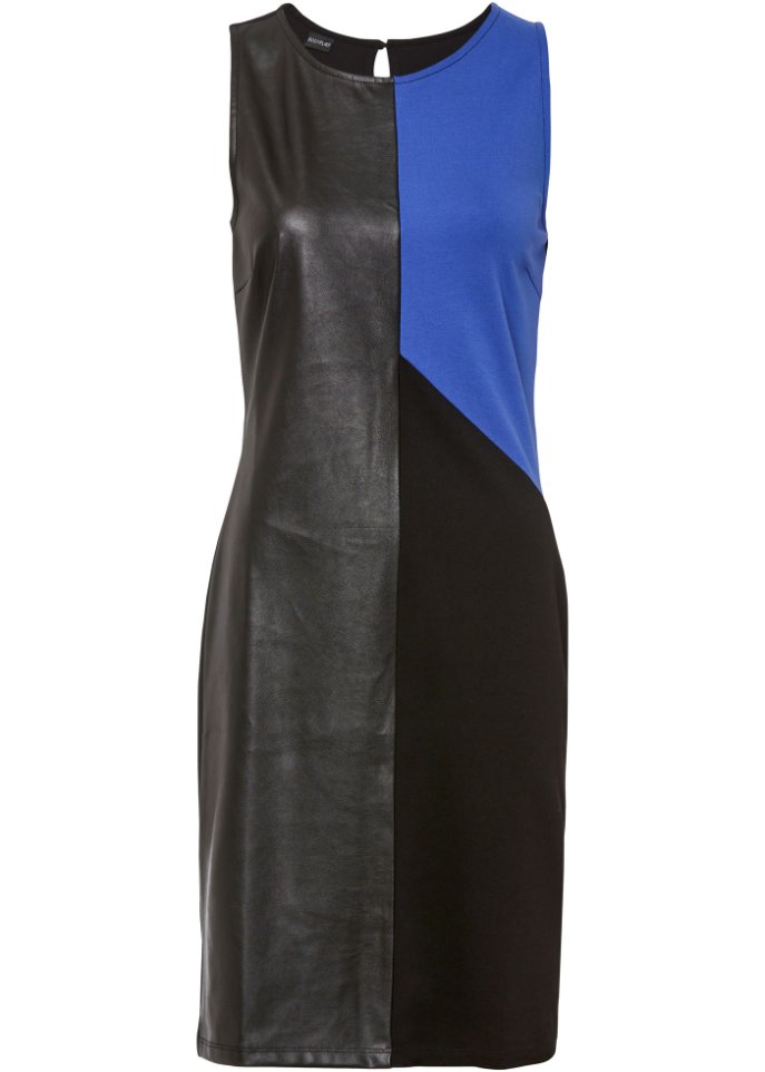 Jerseykleid mit Lederimitateinsätzen in schwarz von vorne - BODYFLIRT