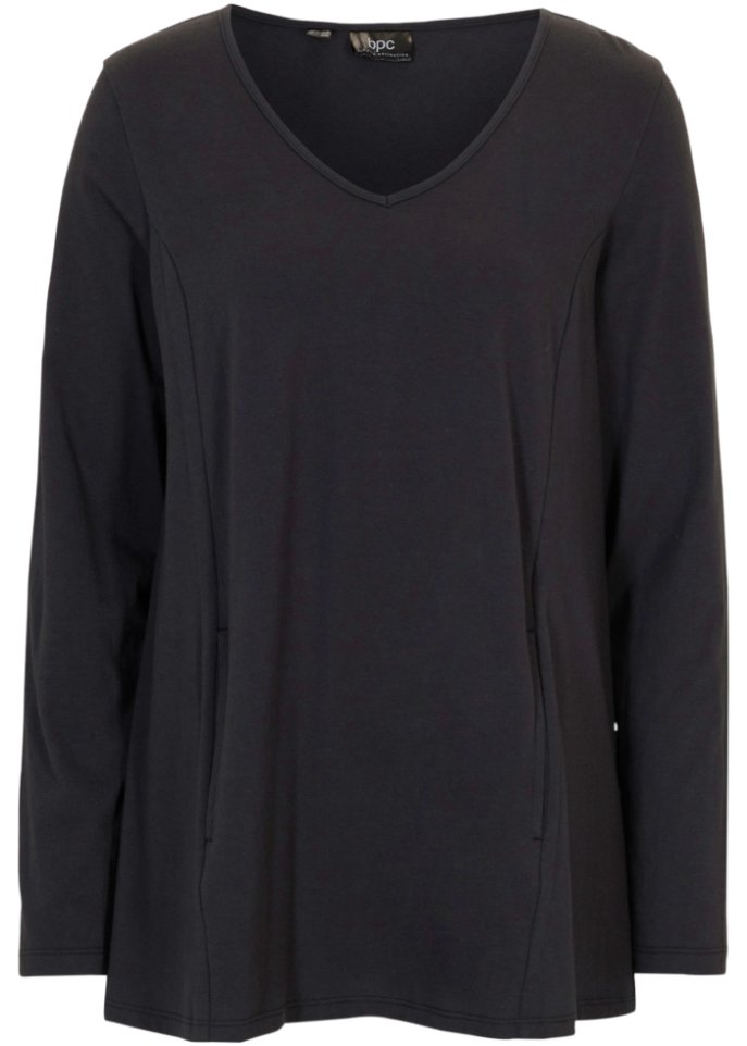Baumwoll-Shirt mit Taschen, leicht ausgestellt in schwarz von vorne - bpc bonprix collection