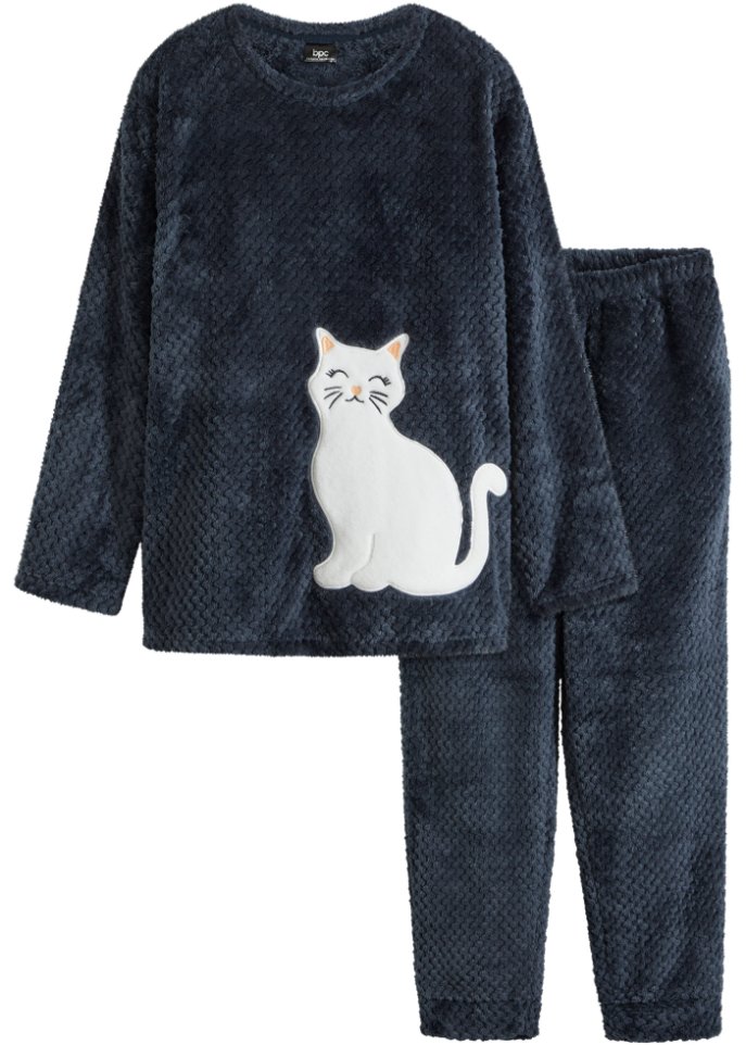 Fleece Pyjama mit Strukturmuster und Applikation in blau von vorne - bpc bonprix collection