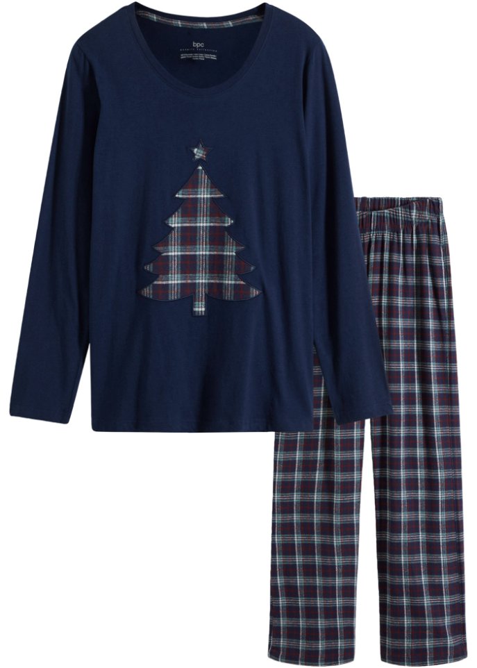 Pyjama mit Applikation und gewebter Flanellhose in blau von vorne - bpc bonprix collection