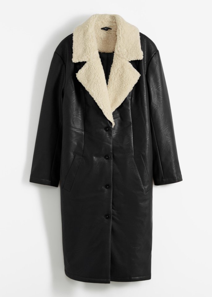 Wattierter Lederimitat-Mantel mit Teddyfell am Kragen in schwarz von vorne - bpc bonprix collection