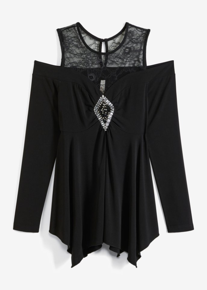 Cold-Shoulder-Shirt mit Spitze in schwarz von vorne - BODYFLIRT boutique
