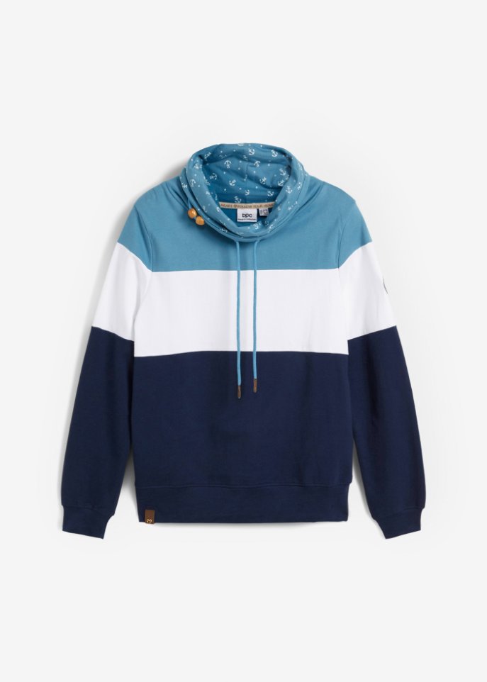 Sweatshirt mit bedrucktem Kragen in blau von vorne - bpc bonprix collection