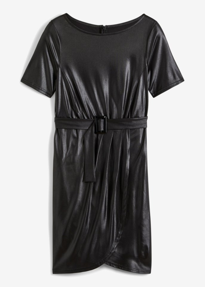 Kleid mit Bindegürtel, Lederimitat in schwarz von vorne - BODYFLIRT boutique