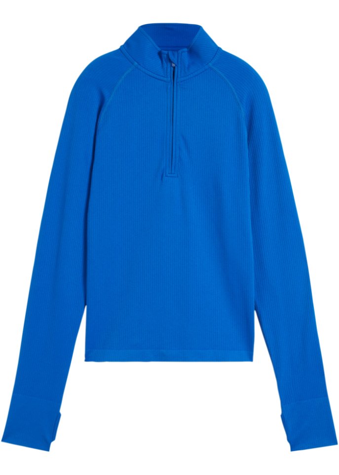 Geripptes Sport-Shirt mit Stehkragen in blau von vorne - bpc bonprix collection