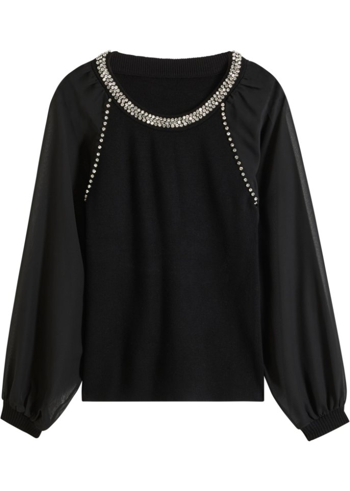 Pullover mit Strass und Chiffon-Ärmeln in schwarz von vorne - BODYFLIRT boutique