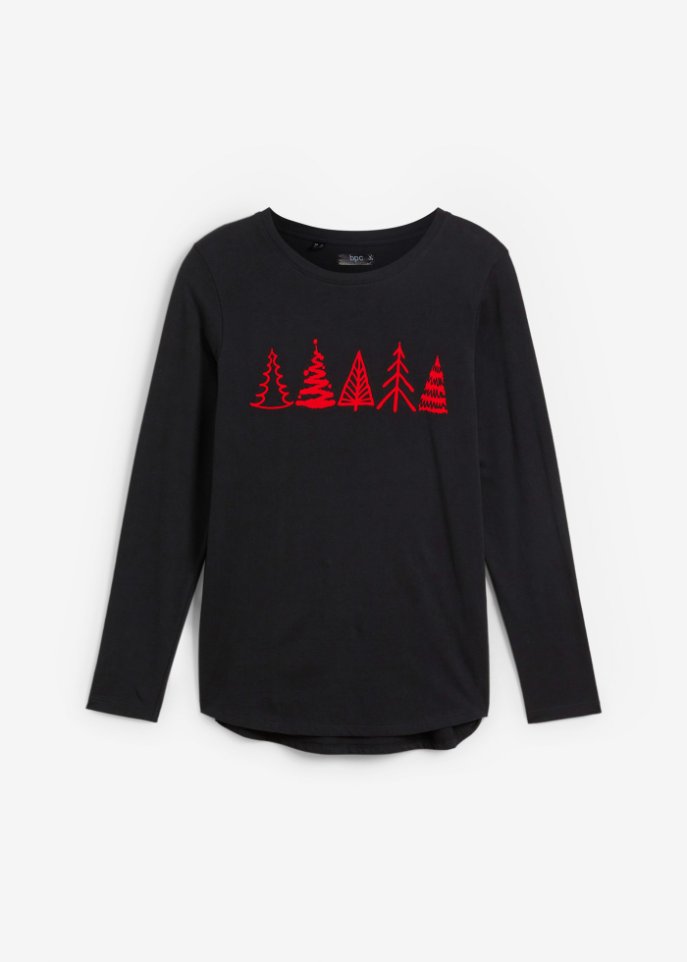 Baumwoll Langarm-Shirt mit Weihnachtsmotiv in schwarz von vorne - bpc bonprix collection