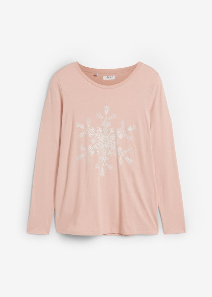 Baumwoll Langarmshirt mit metallischem Schneeflocken Druck in rosa von vorne - bpc bonprix collection