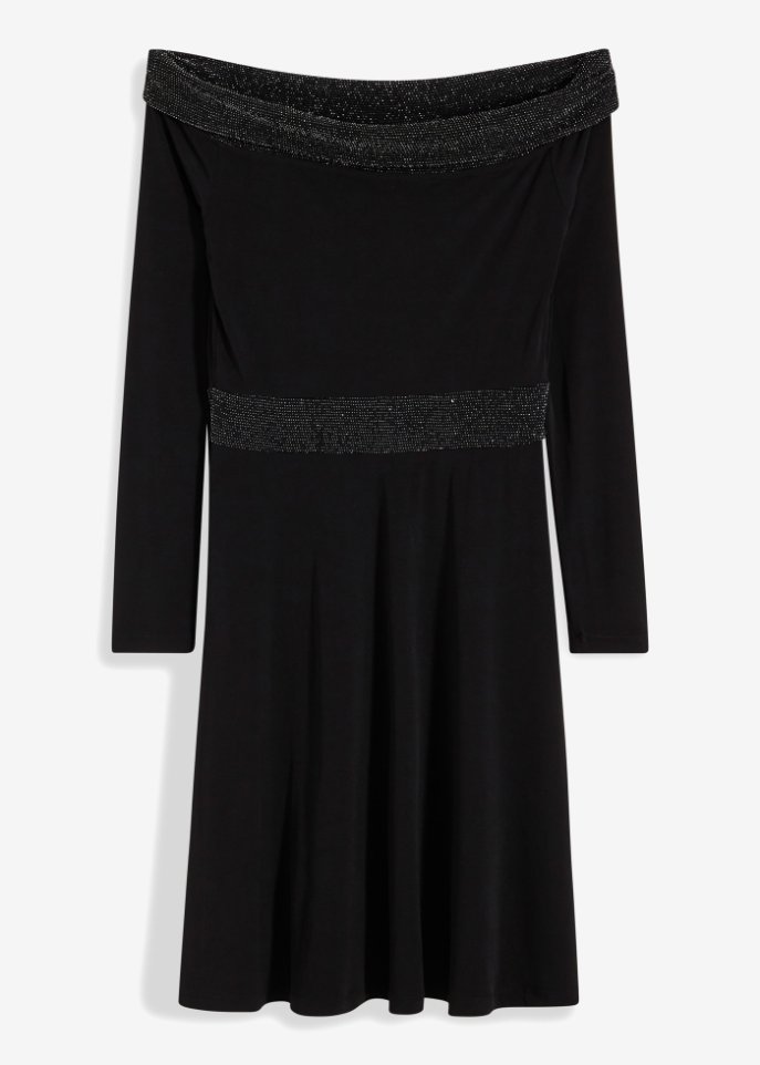 Carmen-Kleid mit Glitzereffekt aus recycletem Polyester in schwarz von vorne - BODYFLIRT