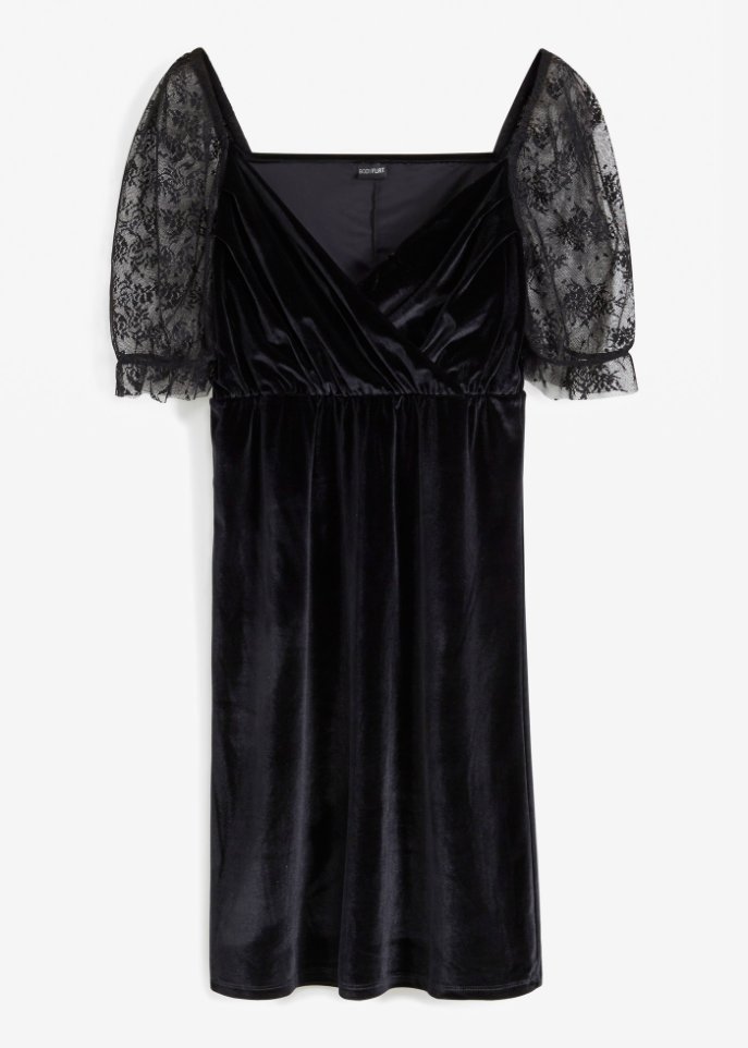 Samt-Kleid mit Spitze in schwarz von vorne - BODYFLIRT