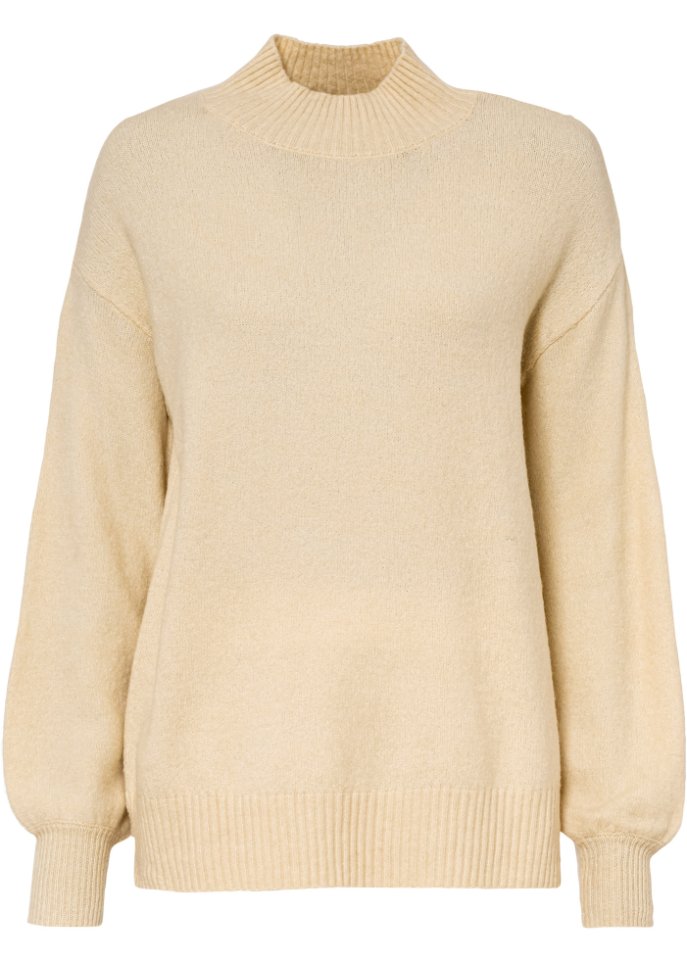 Oversize-Pullover mit Stehkragen in beige von vorne - BODYFLIRT