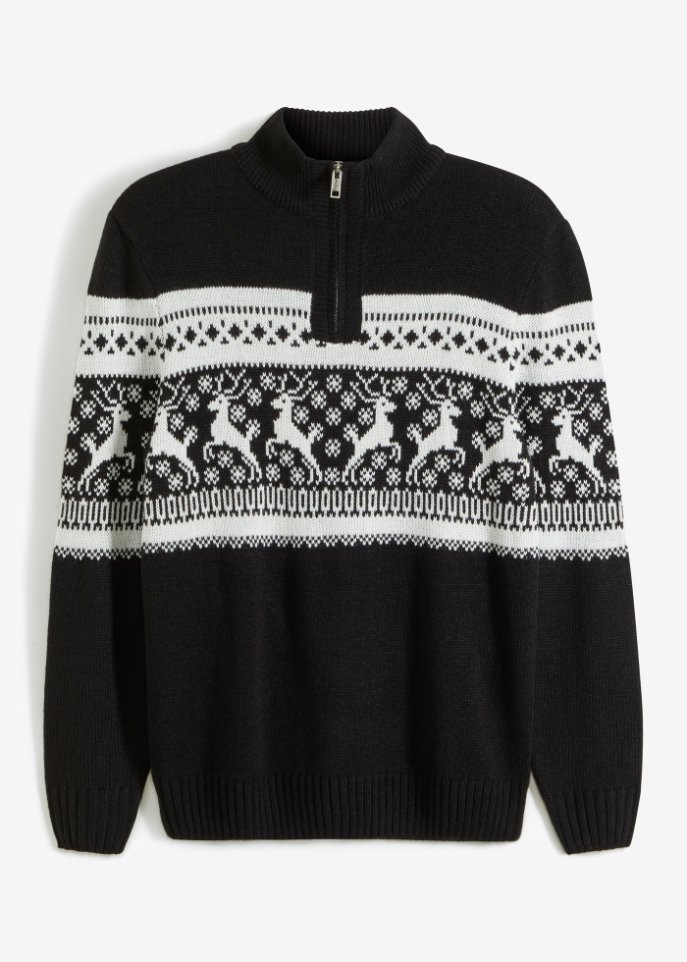 Norweger-Pullover mit Troyerkragen in schwarz von vorne - bpc bonprix collection