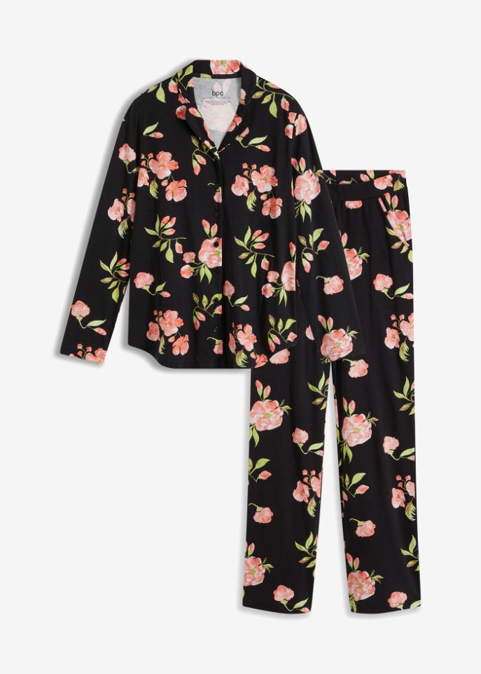 Pyjama mit Knopfleiste und Eingriffstaschen in schwarz von vorne - bpc bonprix collection