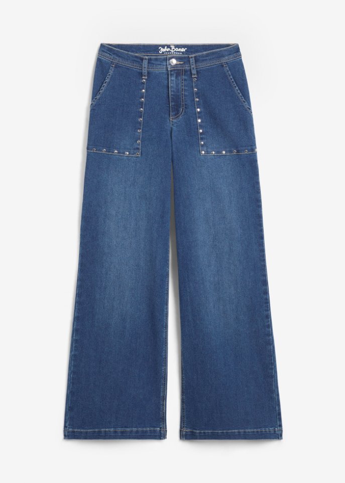 Wide Leg Jeans Mid Waist, mit Nieten  in blau von vorne - John Baner JEANSWEAR
