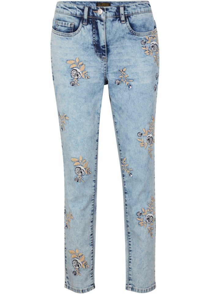 Jeans mit floraler Stickerei in blau von vorne - bpc selection