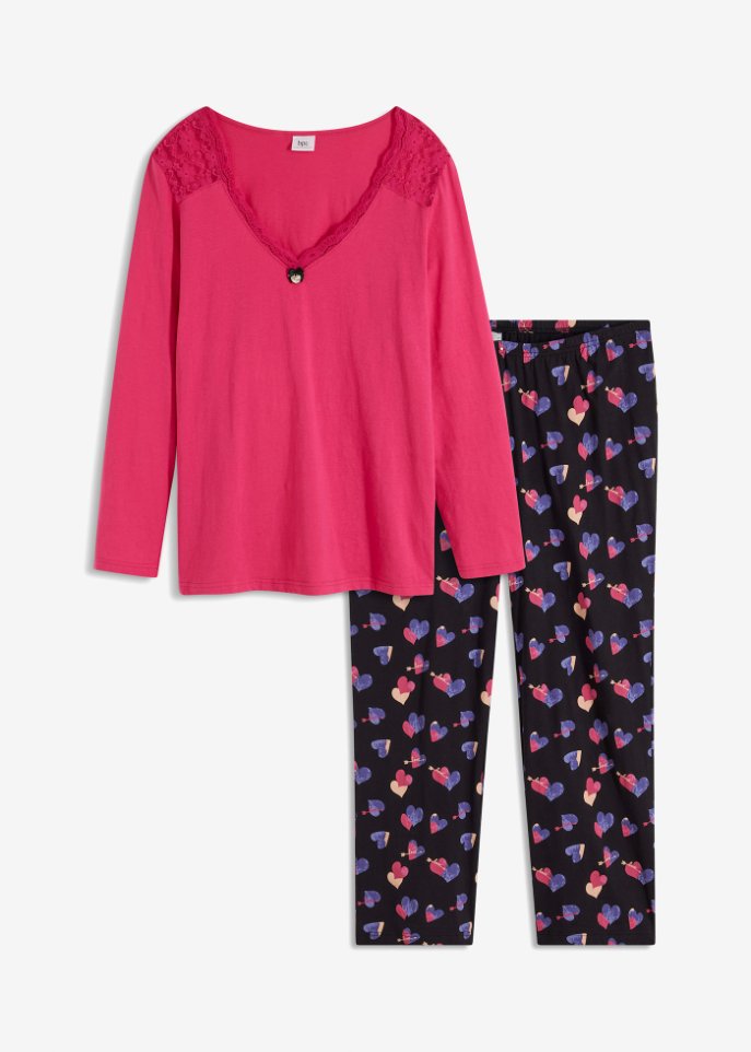 Pyjama mit Spitzeneinsatz in pink von vorne - bpc bonprix collection