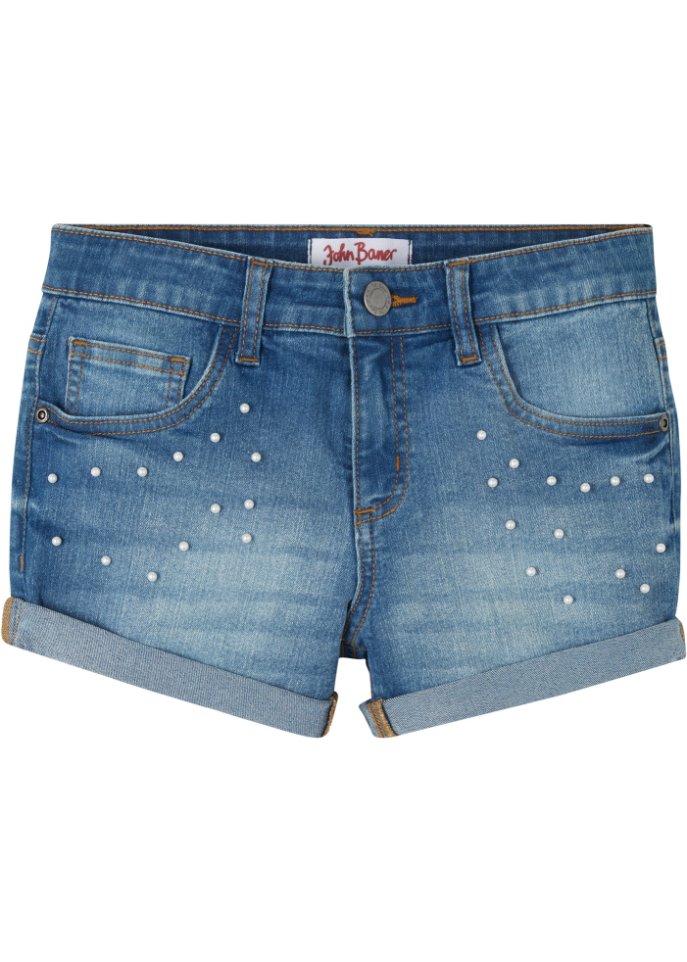 Mädchen Jeans-Shorts mit Perlen in blau von vorne - John Baner JEANSWEAR