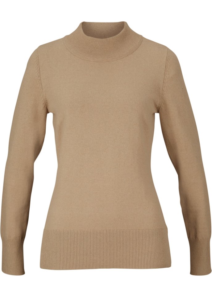 Basic Pullover mit Stehkragen mit recycelter Baumwolle in beige von vorne - bpc bonprix collection