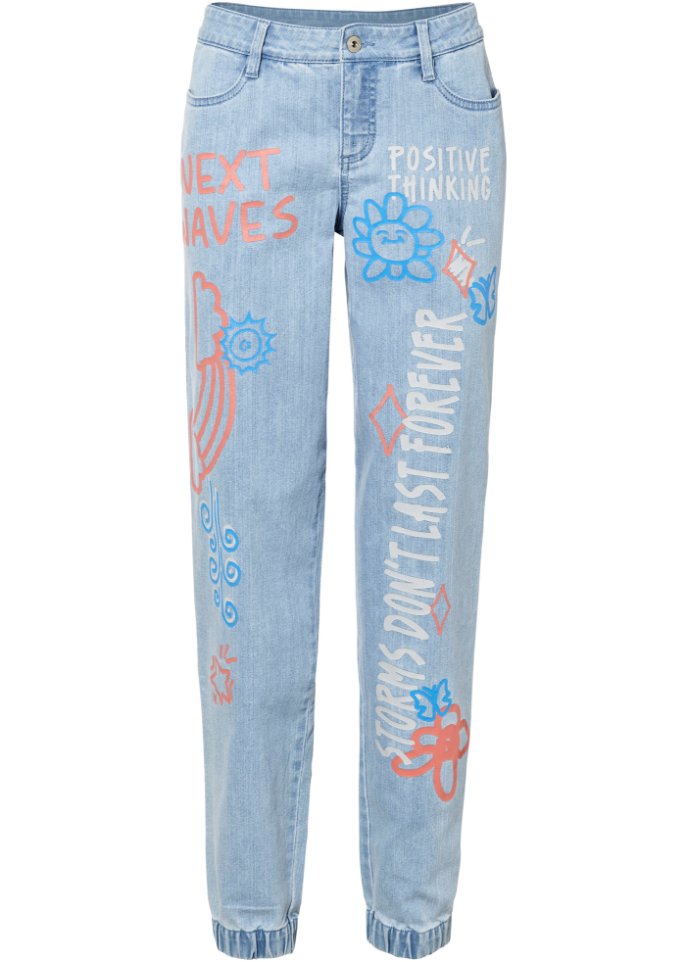 Jeans mit Wording in blau von vorne - RAINBOW