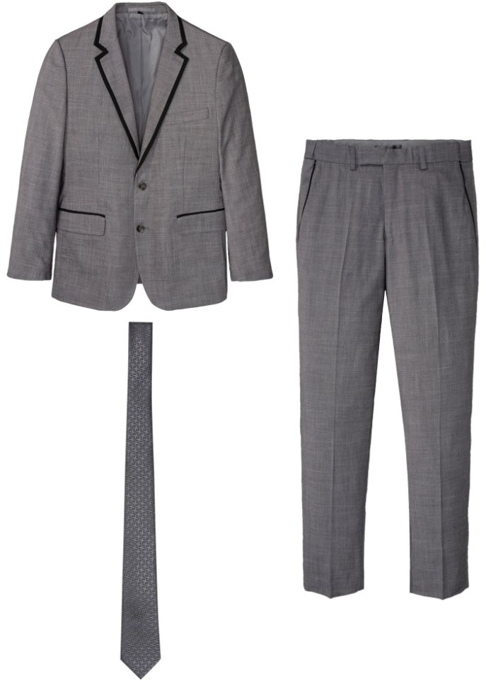 Anzug (3-tlg.Set): Sakko, Hose, Krawatte Slim Fit in grau von vorne - bpc selection